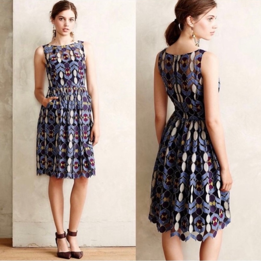 Anthropologie Maeve Chelan Lace Overlay Fit & Flare Dress with Pockets